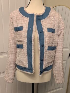 EXIT Pink Tweed Frayed Jacket with Blue Trim
